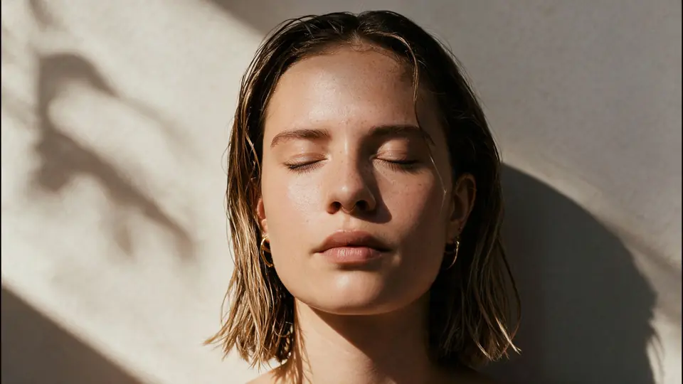 A woman with eyes closed, resting calmly in warm sunlight
