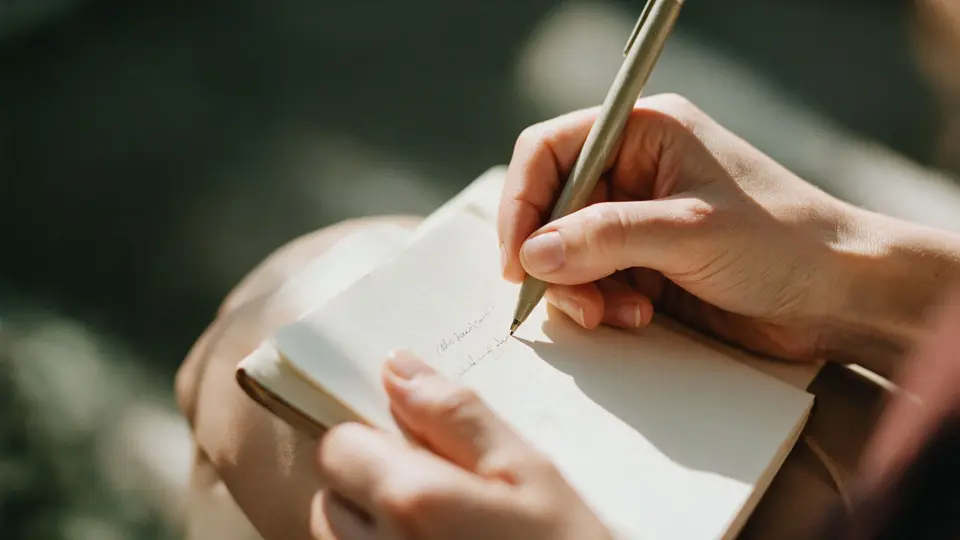 Hands writing in a small notebook in soft sunlight